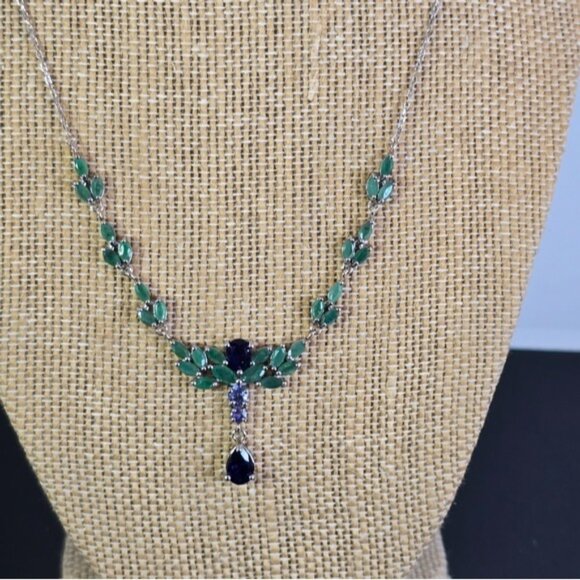 925 Sterling Silver Necklace 18" with Natural Sapphire, Emerald & Tanzanite Gems - Picture 6 of 9